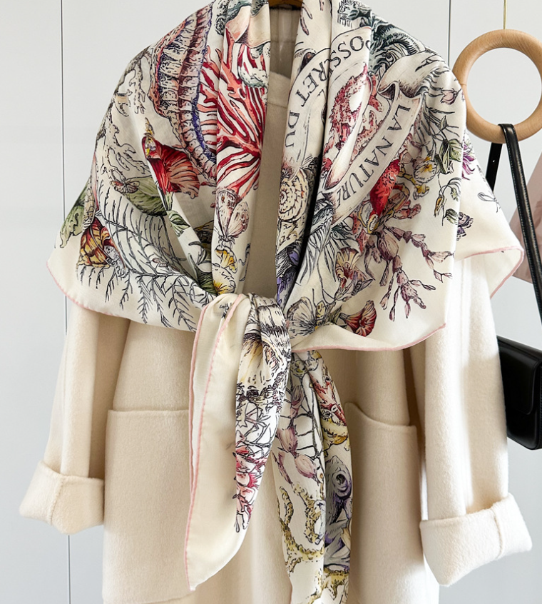 70% Cashmere 30% Silk Wrap Scarf sea grass Print Double Face Print Shawl 53''