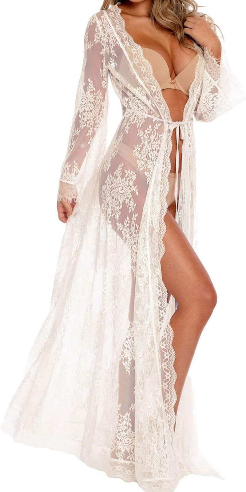 Women Sexy Long Lace Dress Sheer Gown See through Lingerie Kimono Robe Swimsuit 