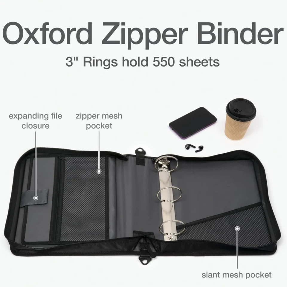 Oxford Zipper Binder W/ Pockets 3 Inch Round Rings Handle & Shoulder Strap 5-Tab - Image 2 of 4