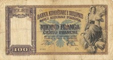 Albania  100  Franga  ND. 1940  P 8  Series  O1  WW II  Circulated Banknote LB7
