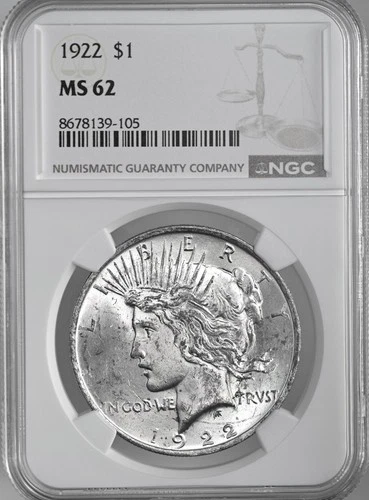 1922-P  $1 PEACE SILVER DOLLAR NGC MS62 #8678139-105 - HEAVY DARK TONING REVERSE