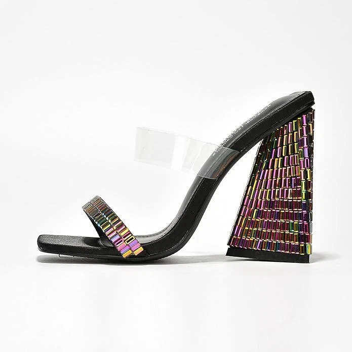 Tacones gruesos sin cordones Cape Robbin Milus para mujer, punta cuadrada estrás, negros, 8 Foto 2 de 4