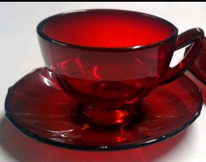 Vintage Deep Red Glass VALENTINE 3-Piece Dessert Set Tea Cup Saucer Plate