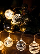 BBTO LED Disco Ball String Light Battery Powered 1.57 Inch, Warm Silver