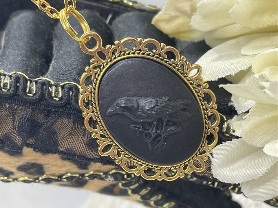 Black Crow Raven Gothic Steampunk Cameo Necklace Mens Womens Gift Wedding Gold T - Image 4 of 4