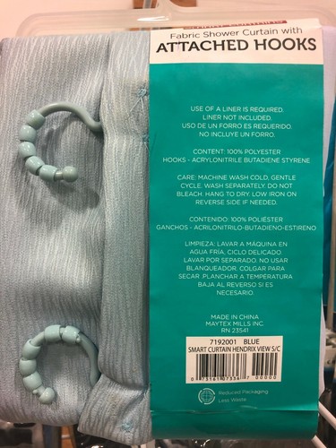 Maytex Fabric Hendrix View Smart Shower Curtain Attached Roller Glide Hooks BLUE - Picture 2 of 3