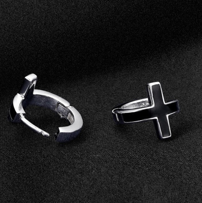Men Women Sterling silver Hoop Black Enamel Cross Stud Earrings Gift box K39