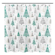 Christmas Shower Curtain, Green and Gray Xmas Trees with Stars and Green Gray