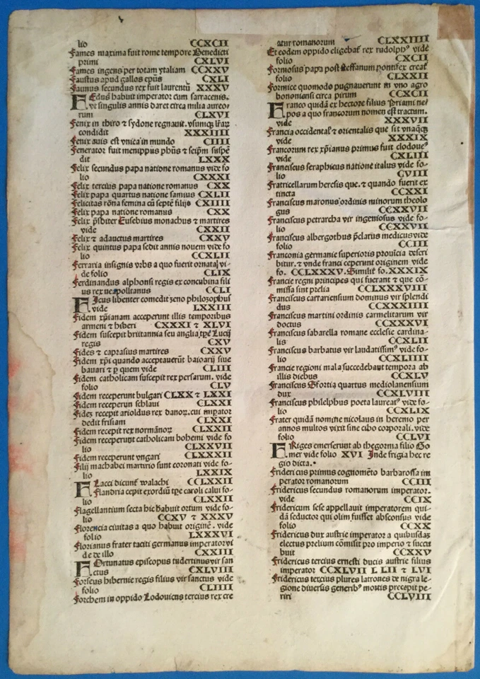 Original index leaf "E" Nuremberg Chronicle 1493 Liber chronicarum, Schedel RARE - Image 2 of 2