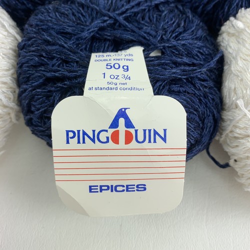 7 50g Skeins Pingouin Pinguin Epices Cotton Silk Viscose Yarn - White Navy Blue