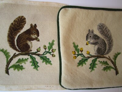 Squirrel Needlepoint Pair Gray Brown on Ivory ground Dritz Madeira 11''& 12''