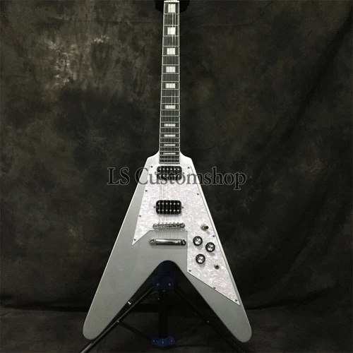 70s Flying V Electric Guitar Metallic Silver HH Pickup 6 String Mahogany Body