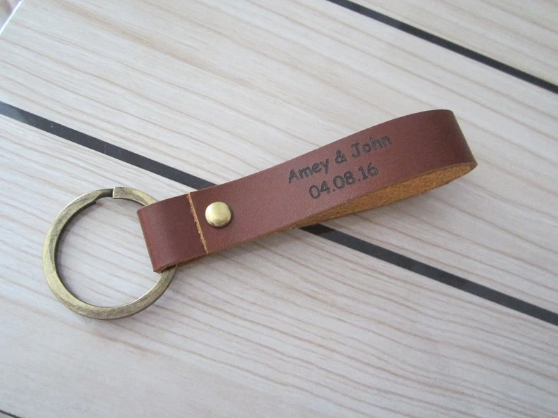 Personalized Couple Leather keychain 3rd Anniversary Key Fob Custom Engraved - Image 3 of 4