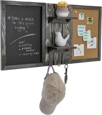 Wall Mounted Gray Wood Bulletin Board Combo Set w/ Chalkboard, Wall Organizer