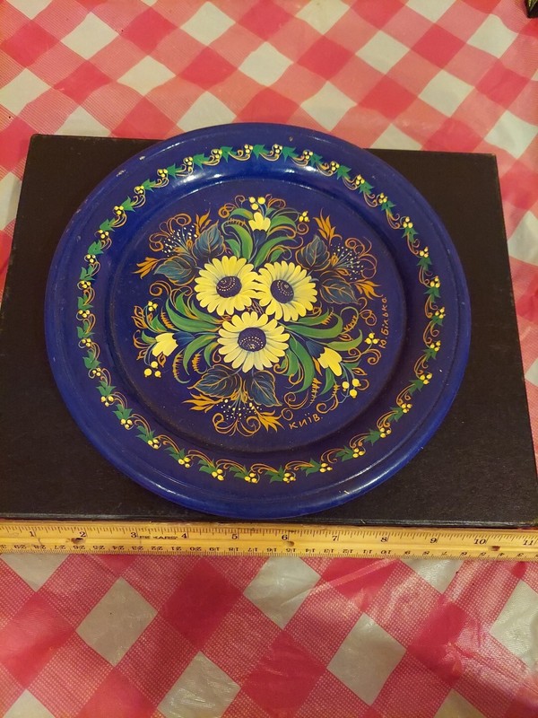 Ukranian Hand Painted Lacquer On Wood Plate Vintage 