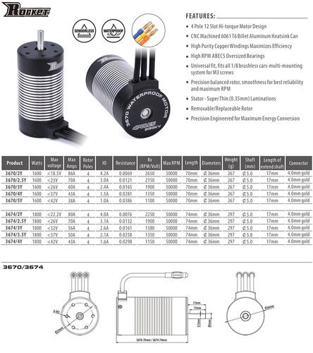 Rocket 3670 Brushless Sensorless Motor 2650KV 2150KV 1900KV for 1/8 1/10 RC Car - Picture 3 of 16
