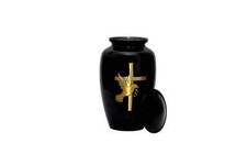 Black Cremation Urn for Adult Human Ashes Handcrafted Metal Urn Jesus Cross Bird