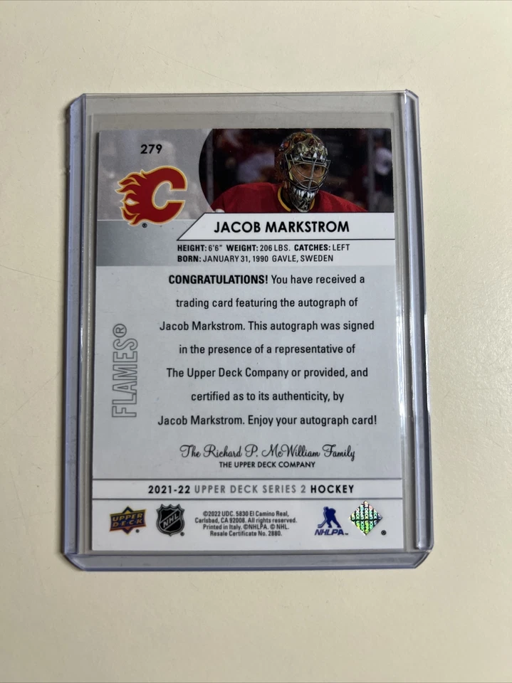 2021-22 Upper Deck Series 2 Snow Spray Variations Jacob Markstrom #279 Auto - Image 2 of 2