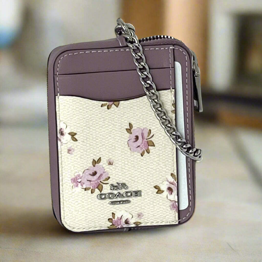 小物 Coach Longwallet Roundzip Leather Flower COACH Brown Signature Pink Floral Flower Long Wallet Round