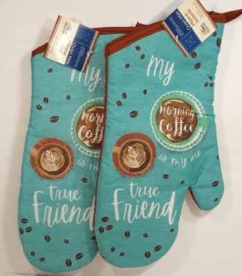 2 piece ''My Morning Coffee is My One True Friend'' Kitchen Set 2 Oven Mitts NWT