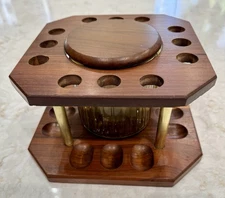 Vintage Walnut 12 Pipe Holder Stand with Glass Tobacco Jar Humidor MCM