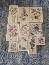 Lot of 10 Flower Plant Themed Wood Mounted Rubber Stamps Various Large