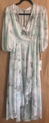 Calvin Klein Mint Floral Wrap Dress V Neck High Low Chiffon Perfect Summer Size6
