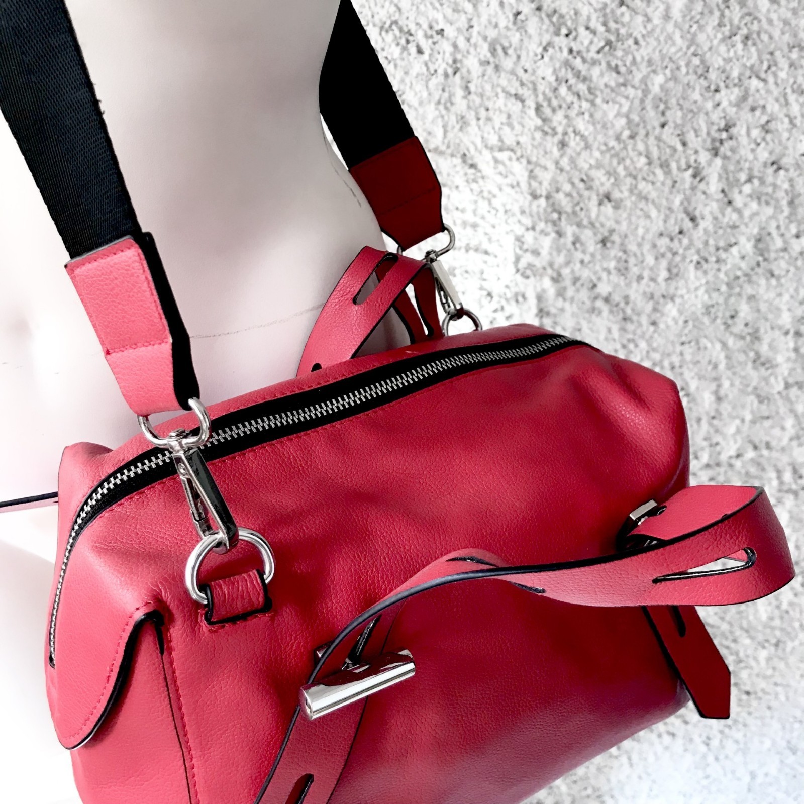 ZARA BASIC SQUARE TOTE BAG RED BLACK SILVER HANDL… - image 3