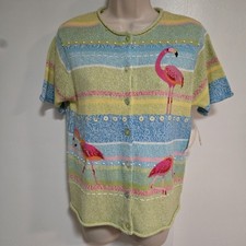 Susan Bristol Size S Short Sleeve Sweater Cardigan Beaded Flamingos 2001 NEW