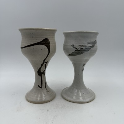 Set 2 Similar Wine Goblets Stoneware Pottery Hand Crafted, Not From Same Artist