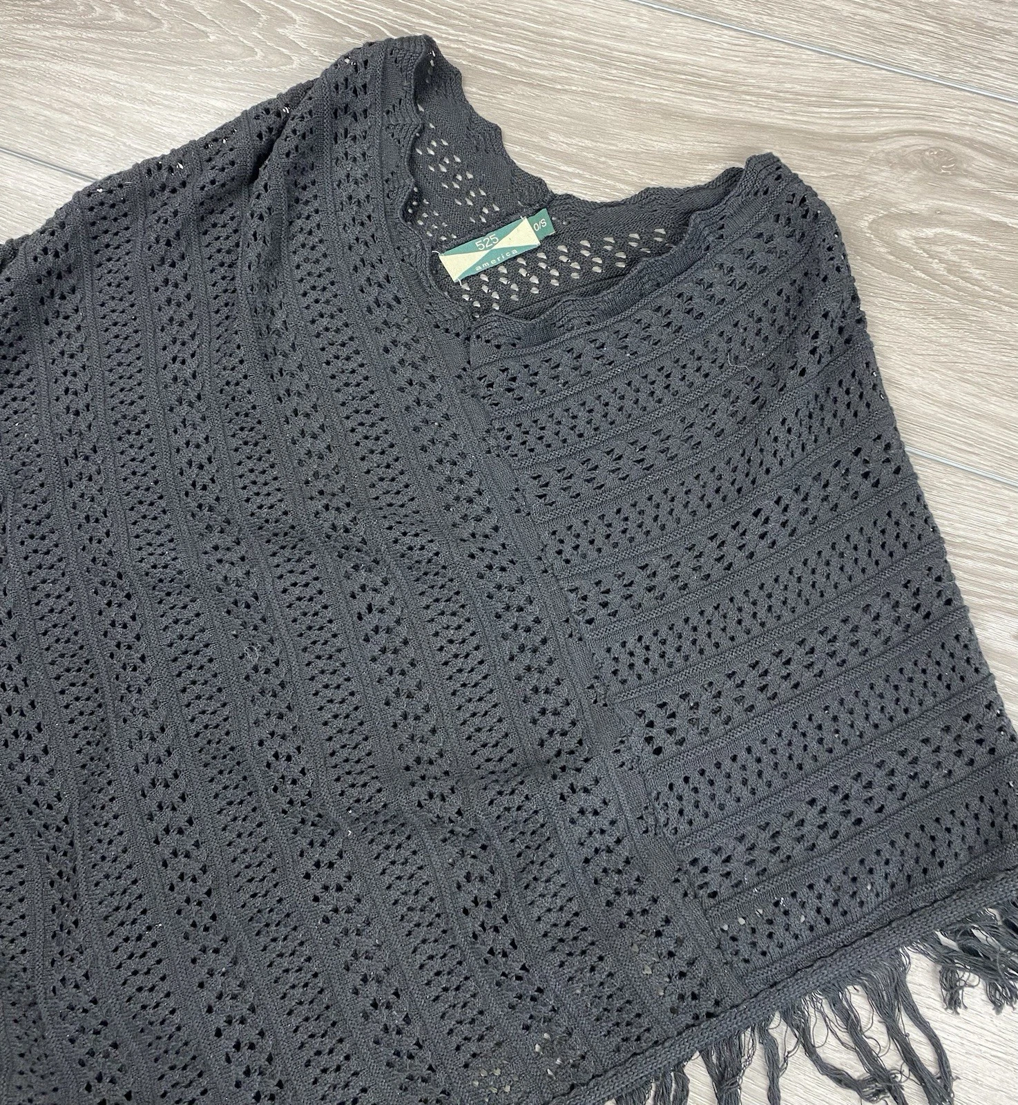 525 America Women’s Crochet Knit Fringe Boho Festival Poncho Black One Size