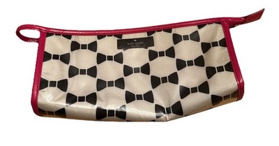  Kate Spade Bow Print Cosmetic Bag Clutch Black White Pink Trim Wristlet Pouch  