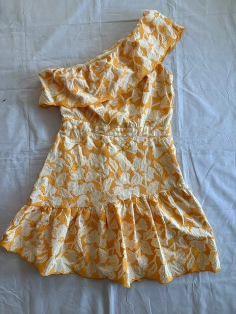 VETEMENTS NAF NAF abito donna taglia 40 fiore monospalla volant giallo casual hawaiano