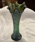 Fenton Antique Green Carnival Glass Fishscale Swung Vase 1910-20s Iridescent 10”