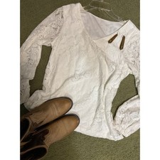 White Floral Lace V-Neck Long Sleeve Lined Blouse Top Small