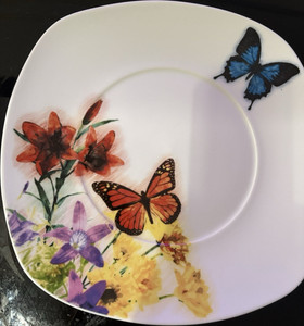 16-Piece Square Ceramic Dinner Set White Multicolor Butterfly Floral, 4 Settings
