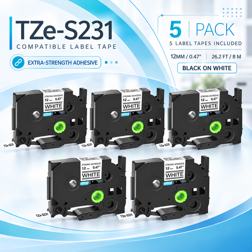 12mm x 8m TZS231 Label Tape Black on White for Brother PT-P710BT PT ...