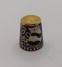 Vintage Dark Blue Metal Cloisonné Enamel Thimble Chinese Panda Curio Cabinet