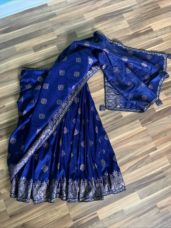 Royal Blue Kanjivaram Lehenga Adjustable Skirt Saree Silk Drape Wedding - Image 2 of 4