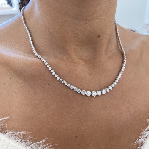 Diamond Tennis Graduated Necklace 9 1/4Ct Round VS1 E-F Labcreated 14K White - Picture 3 of 8
