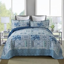 California King Size Quilt Set Navy Blue Quilt Set 3 Pieces Boho Floral Plaid