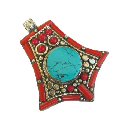 Genuine Turquoise Pendant Tibetan Silver Handmade Amulet Tribal Coral Jewellery.