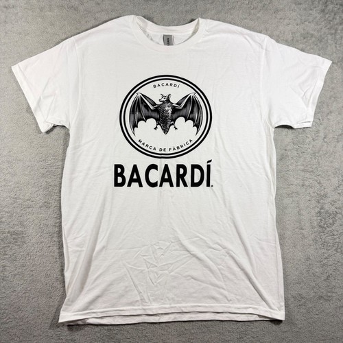 Bacardi Graphic T-Shirt Mens Medium White Bat Logo Short Sleeve Gildan Tee