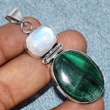 Malachite Rainbow Moonstone 925 Silver Plated Pendant 2.2