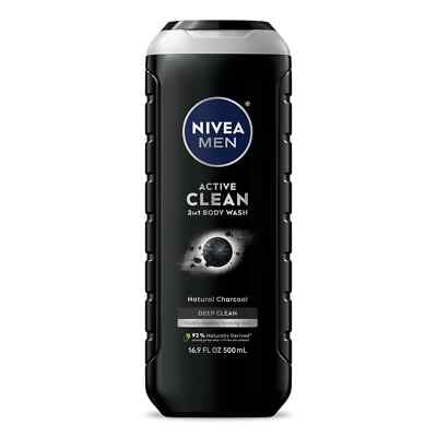 NIVEA MEN Active Clean Body Wash with Natural Charcoal, 16.9 fl oz Bottle