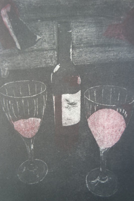 Color Etching  Two Glasses of Red Wine , Original Print, Signed T. Ehmke, 2022