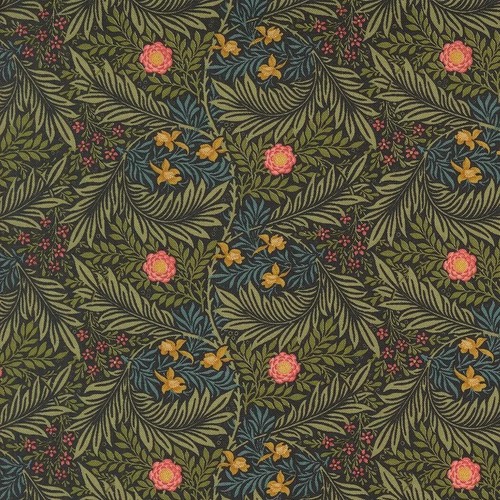 Red, Gold Flowers, Green, Blue Ferns, Fabric, Morris Manor Ebony, Moda, 8395-17