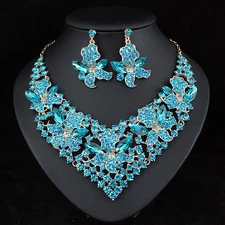 Lily Teal Austrian Crystal Rhinestone Necklace Earrings Set Prom Bridal N917t