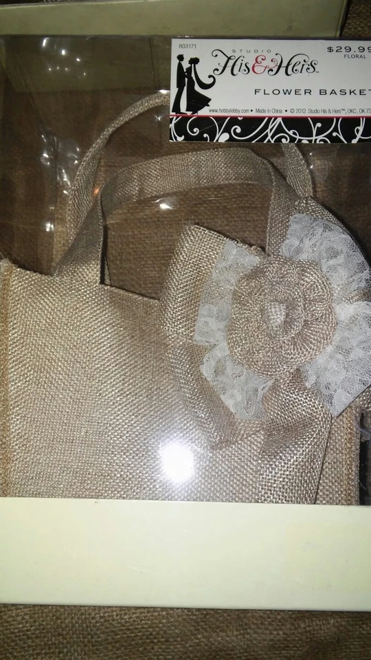 2 pc Wedding Flower Basket and Ring  Pillow. New Natural Tone Burlap and White — 第 4/4 张图片