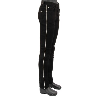 AMIRI Crystal Track Skinny Stretch Jeans Hose mit Kristallen Streifen Schwarz